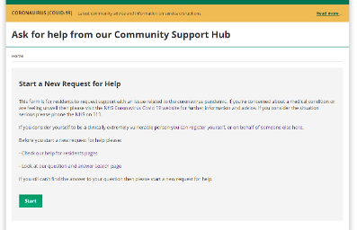 Screenshot of the front end of the Ask for help from our Community Support Hub service