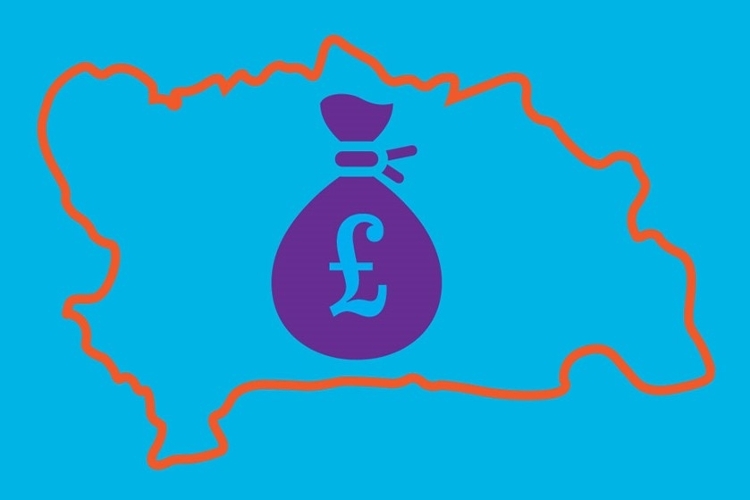 A red outline of a map on a blue background with a purple bag of money in the centre