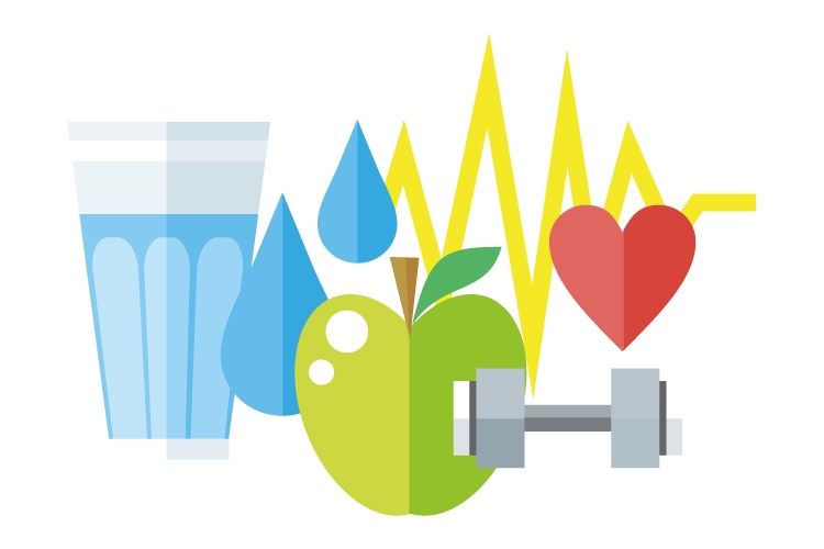 An illustration with items relating to health, including a glass of water, apple, a dumbbell and a heart. 