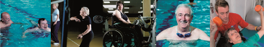 Five pictures of different people doing leisure activities: two men swimming, a woman playing badminton, a wheelchair user in a gym, a man in a swimming pool and a woman lifting dumbbells.