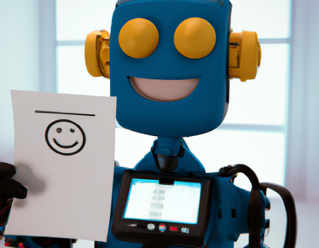 Image of a happy robot printing out a piece of paper generated by DALL-E