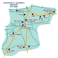 A map of the Community Connect Newbury DTR Zone, covering: Cheap Street, Market Street, Monks Lane, Newbury College, Newbury Wharf, Park House, Park Way, St Barts School, Thatcham Hospital.