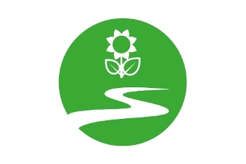 A green circle with a white illustration of a flower above a river.