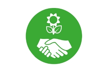 A green circle with a white illustration of a flower above shaking hands.