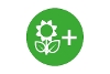 A green circle with a white illustration of a flower to the left of a plus symbol.