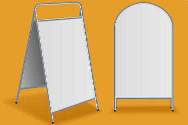 An illustration of two white advertising boards on an orange background.