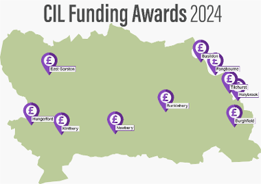 A map of West Berkshire with purple location pins on the areas where CIL bid funds have been used.