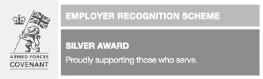 The 'Employer Recognition Award' Silver Award banner from the Armed Forces Covenant initiative.