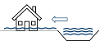 A diagram of a river next to a house. The river water level is high and there is water at the bottom of the house.